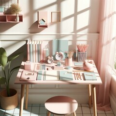 Table full of school items and a vibrant houseplant sits by the window, adorned with stylish stationery, adding a touch of design to the indoor space of a cozy kitchen in a beautifully furnished home