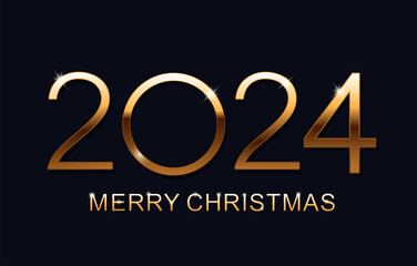 Merry Christmas and Happy New 2024 Year. Holiday greeting card design. Elegant gold text with light. Minimalistic text. Isolated vector illustration.