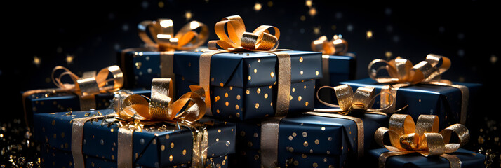 Fototapeta premium bannière sur le thème de Noël avec un gros plan sur des paquets cadeaux