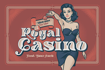 Royal Casino poster with elegant woman illustration wearing an evening dress throwing to the viewer a dice cubes.