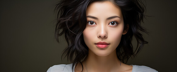 Fototapeta premium beautiful young asian woman looking at camera on grey background
