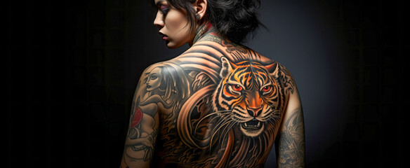 Tattooed woman with a tiger tattoo on her back - obrazy, fototapety, plakaty