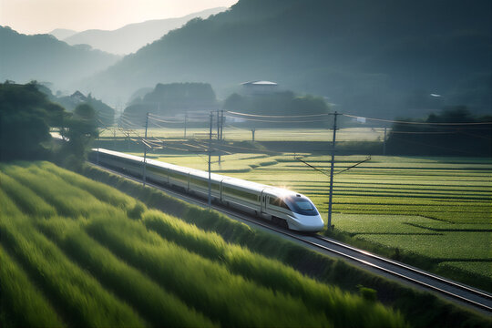 AI generative image of high-speed bullet train speeding through green field