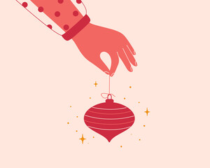 Female hand holds red xmas tree toy. Festive decoration ball in human arm. Elegant woman shares Christmas bauble. New year concept or design. Vector illustration - 666595329