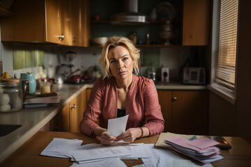 stressed blond woman with bills and paperwork at kitchen table, household cost of living - obrazy, fototapety, plakaty