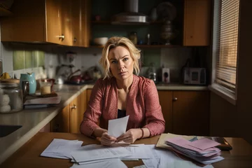 Fotobehang stressed blond woman with bills and paperwork at kitchen table, household cost of living © Ricky