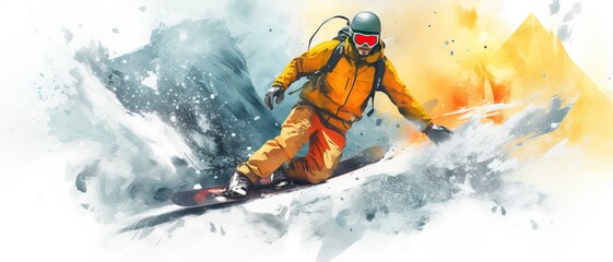 Illustration of a snowboarder with colorful watercolor splash, isolated on white background .
