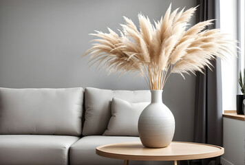 Naklejka premium Pampas grass in vase on table with gray sofa and white wall, space for text.