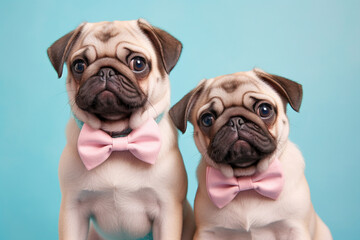 Pair of Pug dogs with pink bowties on pastel blue background