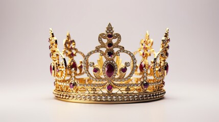 Detailed Queen Crown Made of Gold Isolated on the Plain Background, Decorated with Precious Jewels

