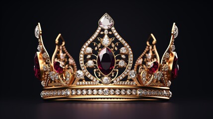 Detailed Queen Crown Made of Gold Isolated on the Plain Background, Decorated with Precious Jewels
