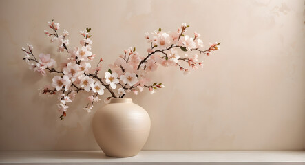 wooden table with pink flower branch in vase with beige wall background, space for text
