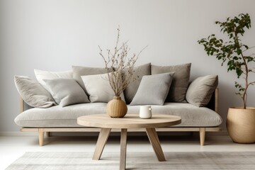 Rustic round wood table near sofa with grey pillows. Scandinavian interior design concept