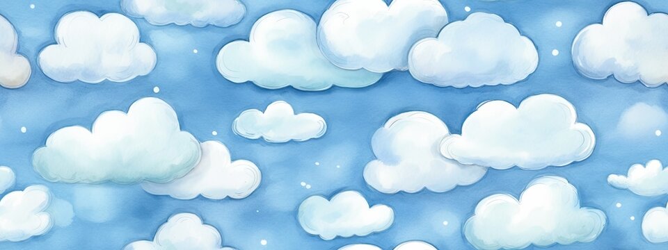 Seamless cute puffy clouds watercolor, crayon childrens drawing background. Playful nursery wallpaper happy summer sky repeat pattern. Imagination and creativity concept backdrop
