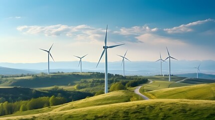 Panoramic view of wind farm or wind park, with high wind turbines for generation electricity with copy space. Green energy concept. - obrazy, fototapety, plakaty