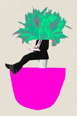 Businessman sitting in flowerpot and working with documents, papers. Creating ideas for company development. Contemporary art collage