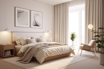 country interior design of modern bedroom with white and cream pillows on bed - Powered by Adobe