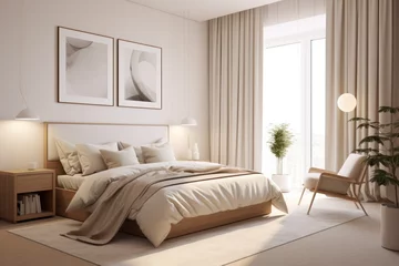 Tapeten country interior design of modern bedroom with white and cream pillows on bed © id512