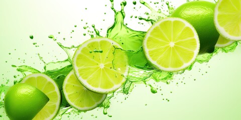 Lime slices with leaves splashing in water isolated