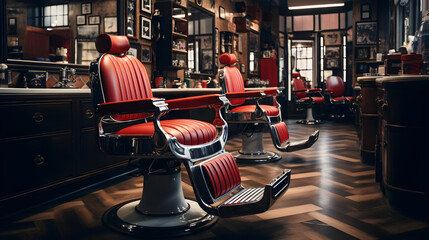 intérieur d'un salon de barbier avec fauteuils accueillants - obrazy, fototapety, plakaty