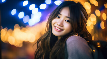 smiling asian woman in nighttime, wearing white sweater, joyful atmosphere