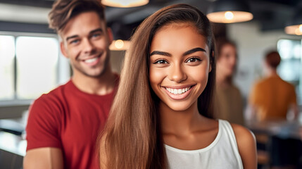 smiling young woman and her boyfriend or husband or best friend, at home at daytime, at social event, happiness and positivity, positive and lively atmosphere