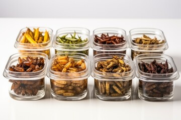Edible insects prepared using innovative culinary techniques isolated on a white background 