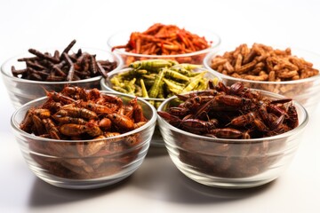 Obraz premium Edible insects prepared using innovative culinary techniques isolated on a white background 