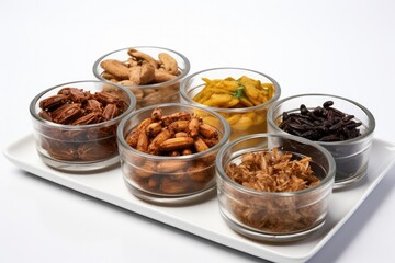 Edible insects prepared using innovative culinary techniques isolated on a white background 