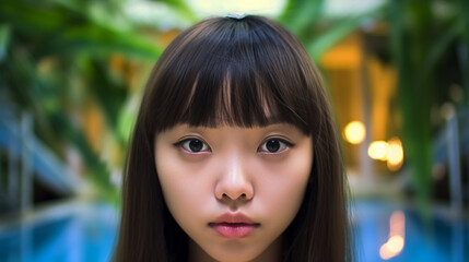 Obraz premium Focused Asian woman with serious expression by a pool, contemplating next move, introspective and determined mood.