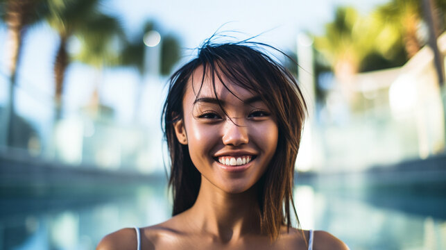 Smiling Asian woman in a tropical pool, enjoying the water