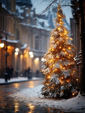 Christmas tree at the street at Christmas night