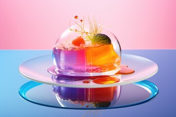 Molecular gastronomy dish artistically plated isolated on a vibrant gradient background 