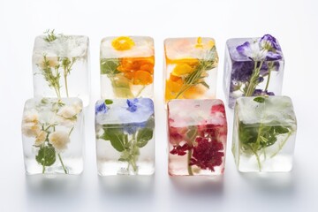 Edible flowers frozen in crystal-clear ice cubes isolated on a white background 