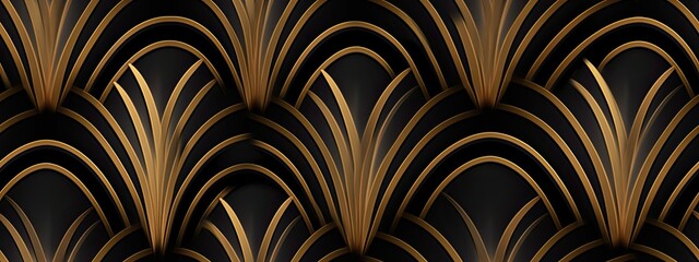 Seamless golden Art Deco scallop palm fan line pattern. Vintage abstract geometric gold plated high relief sculpture on dark black background. Modern elegant metallic luxury