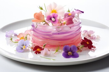 Fototapeta na wymiar Exquisite edible flower garnishes on experimental cuisine isolated on a white background 