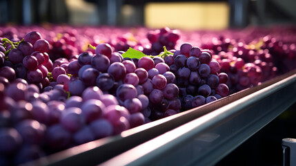 A mesmerizing view of plump grapes gliding down a conveyor belt, ready for sorting and packaging.  - obrazy, fototapety, plakaty