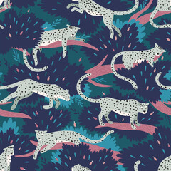 Seamless pattern on a dark background with leopards resting on tree branches. Leopards hide among the foliage of trees. Pattern for fabric. Flat vector illustration.