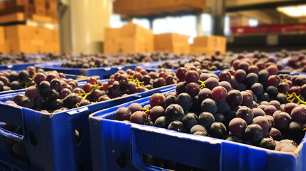 Boxes of plump and juicy grapes, their clusters glistening with dew, ready for distribution on a conveyor belt.  - obrazy, fototapety, plakaty