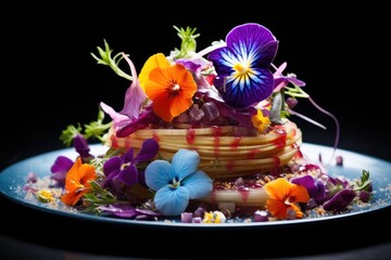 Exotic edible flower garnishes enhancing dish beauty background with empty space for text 