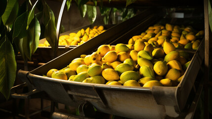 A conveyor transporting baskets of delectable and aromatic mangoes, celebrating the tropical essence of this fruit. 