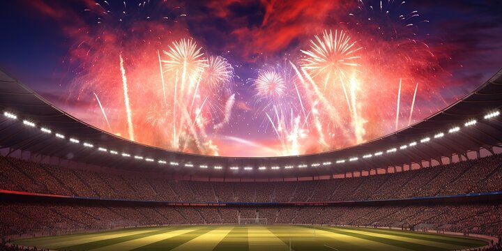 an illustration of a stadium with fireworks in the sky