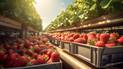 Boxes of vibrant and flavorful strawberries on a conveyor, evoking the essence of summer's delightful berry harvest.  - obrazy, fototapety, plakaty