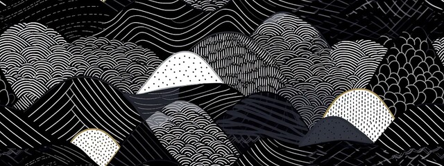Seamless geometric patchwork pattern made of fine white stripes on black background. Abstract rolling hills landscape motif or thatched polygons texture in a trendy doodle line art style. - obrazy, fototapety, plakaty