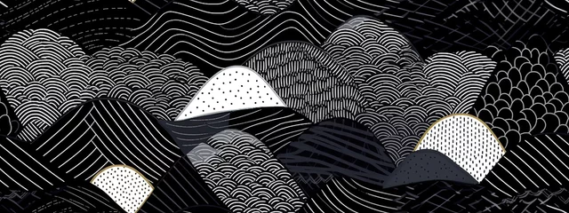 Fensteraufkleber Seamless geometric patchwork pattern made of fine white stripes on black background. Abstract rolling hills landscape motif or thatched polygons texture in a trendy doodle line art style. © Eli Berr