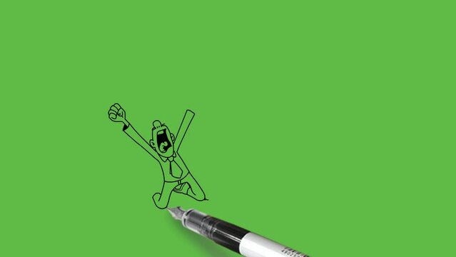 draw young man sit kneel down on floor crying loudly no keep open arm straight with fist upward wear tie and dress with black outline on abstract green screen background     
