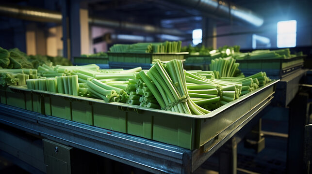 Crates of crisp and fresh celery stalks, perfect for health-conscious consumers, displayed on a conveyor. 