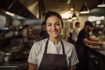 Rolgordijnen female chef wearing brown apron and white uniform in kitchen of restaurant © Ricky