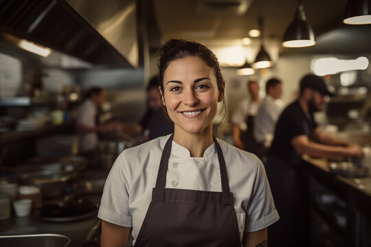 female chef wearing brown apron and white uniform in kitchen of restaurant