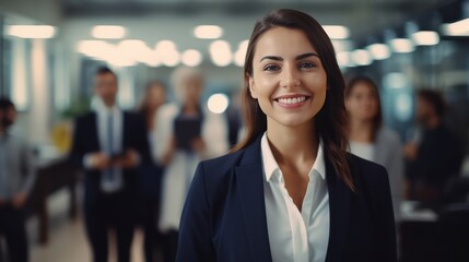 Smilling young caucasian businesswoman in office against people background